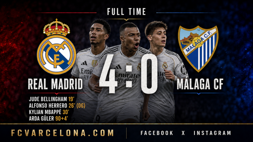 Real Madrid thrash Málaga 4–0 as Bellingham starts the show and Güler finishes it